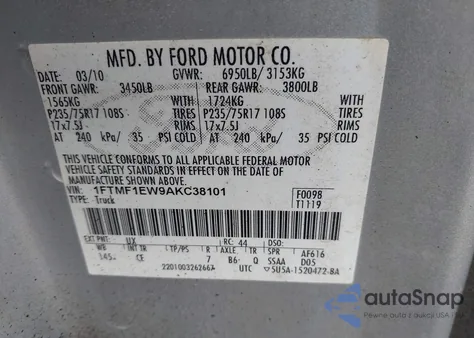 2010 Ford F150 from USA, damaged, VIN 1FTMF1EW9AKC38101